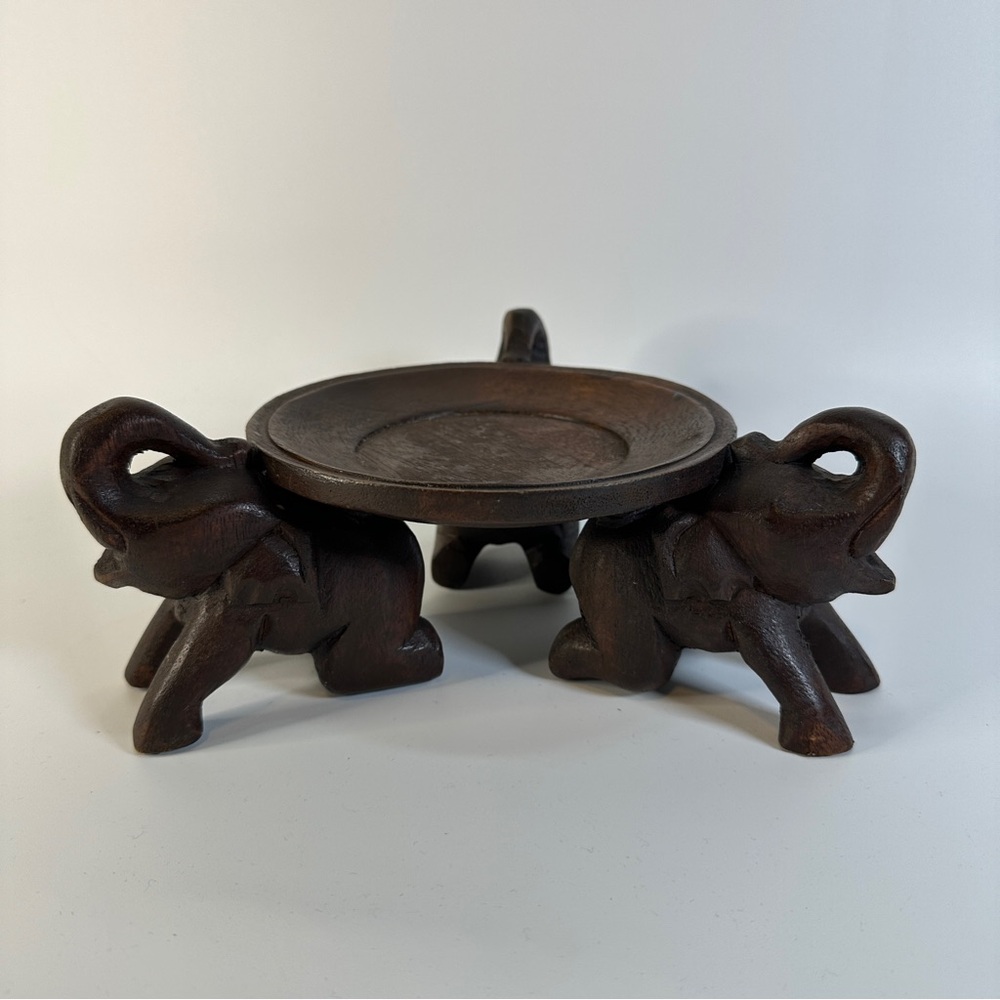 VTG Wooden Elephant Carved Platter Candle Holder‎ Thailand Thai Lucky Elephants